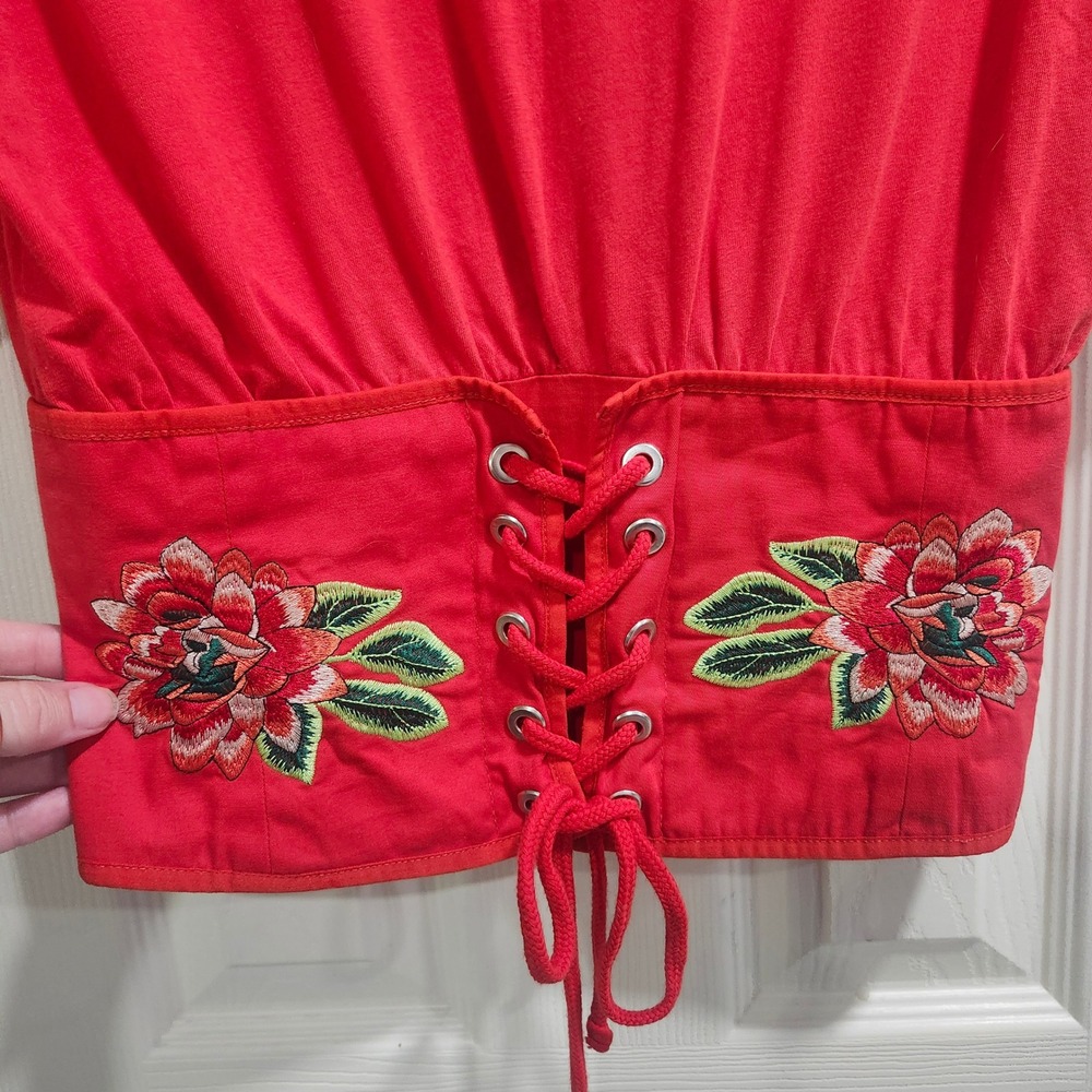 Zara Red Corset Lace Up Floral Embroidered Short Sleeve Top Size M - Picture 4 of 8